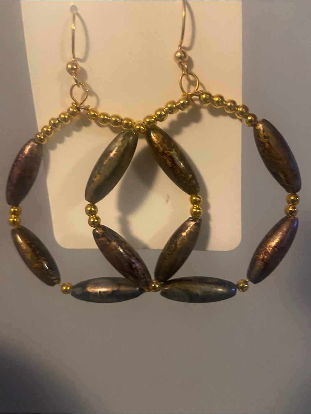 Gold Beaded Oval Stone Hoop Earrings - Women Jewelry